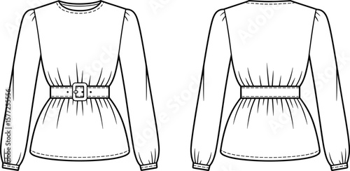 Long sleeve belted blouse front and back technical sketch, fashion flat drawing, stylish cinched waist top, vector clothing illustration