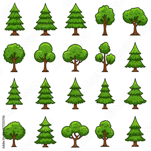 Collection of ten vibrant green cartoon trees; various styles, perfect for children's illustrations, nature designs, and spring themes.