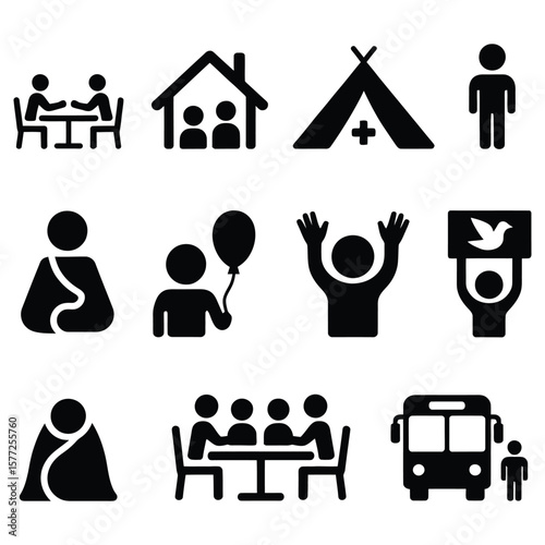 People gathering and transportation icons house tent