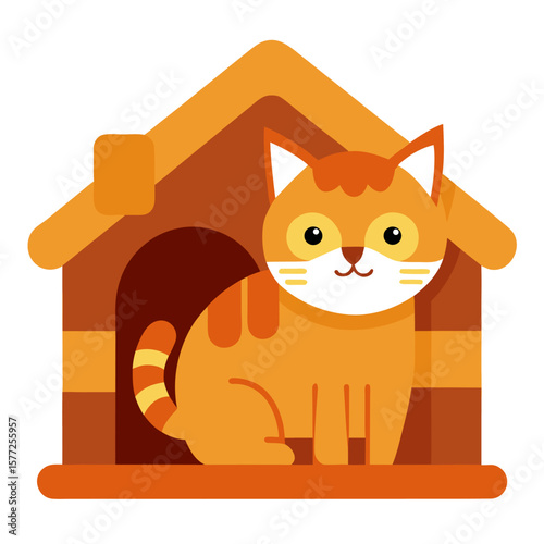 Orange tabby kitten lays in a cat house vector icon on white background.