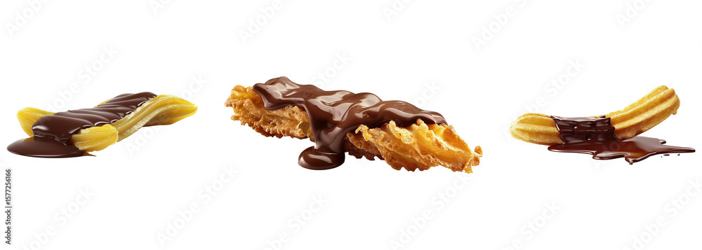 Obraz premium Set of crispy golden churros with delicious melted chocolate isolated on a transparent background. PNG