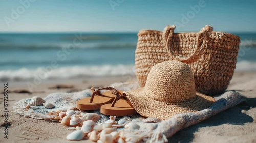 Summer Beach Scene with Straw Hat, Flip Flops, and Wicker Bag on Sandy Shoreline