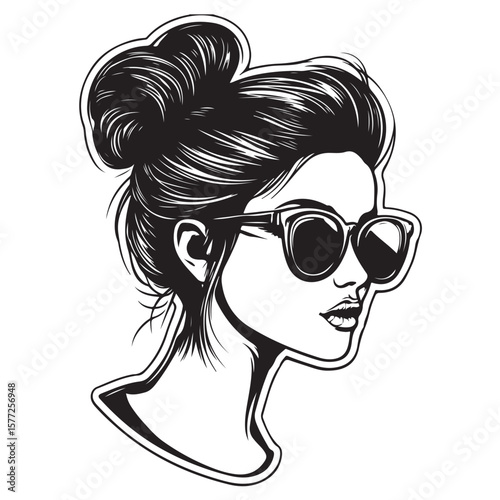 messy bun and sunglasses vector silhouette, Black and white silhouette of a messy bun hairstyle with sunglasses, Messy hair bun, vector woman silhouette. Beautiful girl drawing illustration