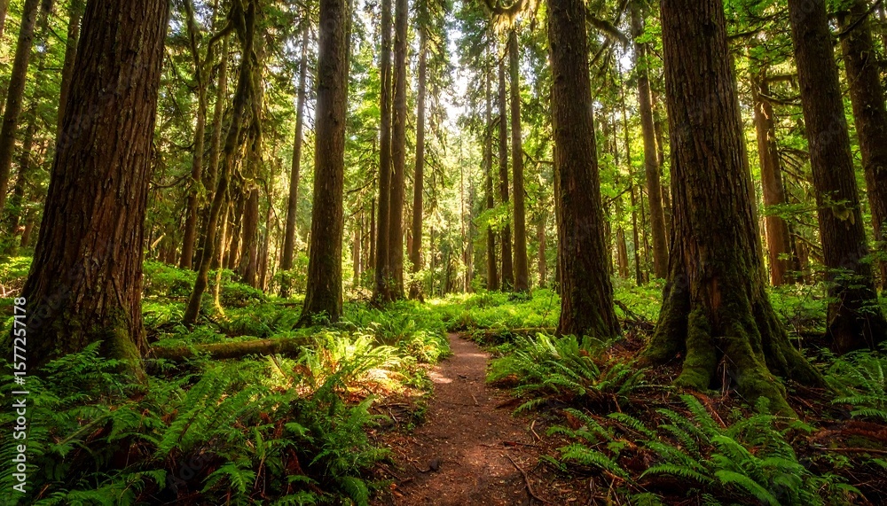 Naklejka premium Sunlit forest path through tall trees