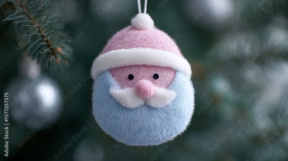 Obraz premium Fuzzy pastel Santa ornament on evergreen whispers Yuletide whimsy, Nordic folklore, and nostalgic Festivus charm