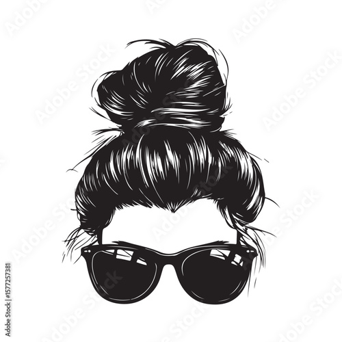 messy bun and sunglasses vector silhouette, Black and white silhouette of a messy bun hairstyle with sunglasses, Messy hair bun, vector woman silhouette. Beautiful girl drawing illustration