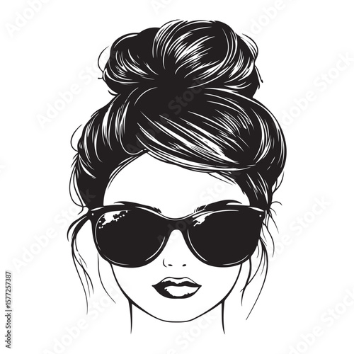 messy bun and sunglasses vector silhouette, Black and white silhouette of a messy bun hairstyle with sunglasses, Messy hair bun, vector woman silhouette. Beautiful girl drawing illustration
