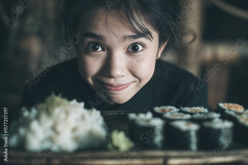 Asian teenage girl gleefully mesmerized by sushi platter, evoking International Sushi Day, unexpected culinary enchantment, whimsical delight