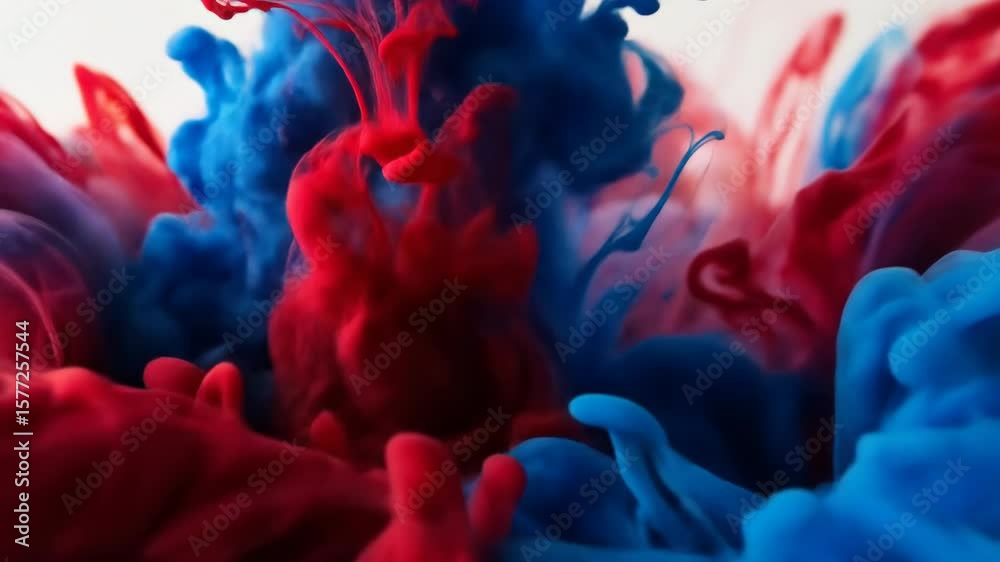 Swirling Red and Blue Ink mixing in water fluid dynamic.