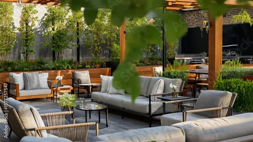 Elegant outdoor lounge area with modern furniture and lush greenery under a pergola