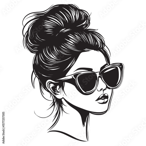 messy bun and sunglasses vector silhouette, Black and white silhouette of a messy bun hairstyle with sunglasses, Messy hair bun, vector woman silhouette. Beautiful girl drawing illustration
