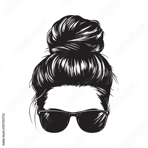 messy bun and sunglasses vector silhouette, Black and white silhouette of a messy bun hairstyle with sunglasses, Messy hair bun, vector woman silhouette. Beautiful girl drawing illustration