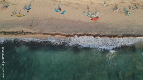 Kitesurfers Enjoying a Windy Day on a Sandy Beach – Aerial View, Lefkada Island