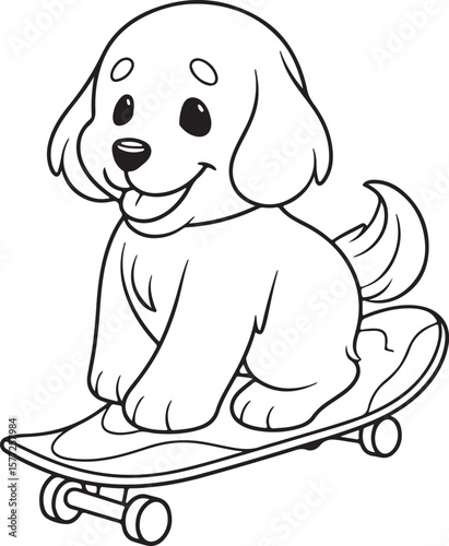 Happy golden retriever dog riding a skateboard coloring page