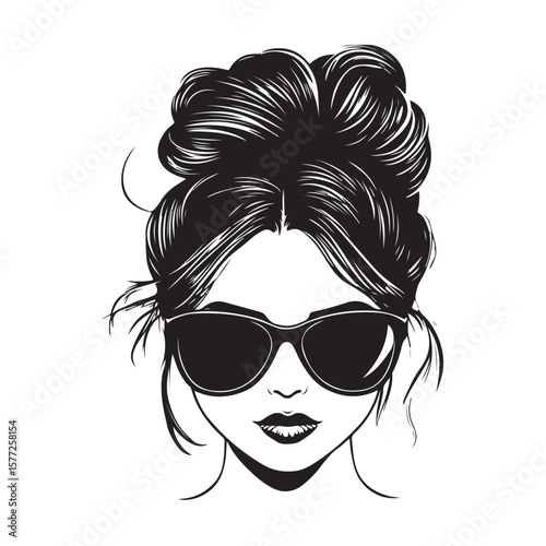 messy bun and sunglasses vector silhouette, Black and white silhouette of a messy bun hairstyle with sunglasses, Messy hair bun, vector woman silhouette. Beautiful girl drawing illustration