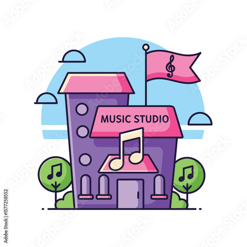 A cheerful illustration of a music studio building, complete with musical notes and a treble clef flag.