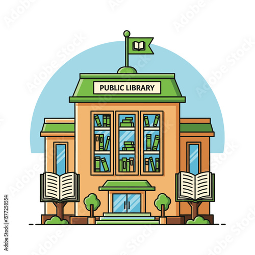 A cheerful illustration of a public library building, showcasing bookshelves and open books, symbolizing knowledge and learning.