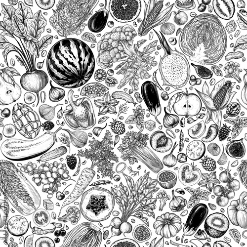 Seamless vector pattern with vegetables, fruits, berries and nuts in engraving style. Background with chopped vegetarian ingredients. Cooking proper food. Print for grocery store