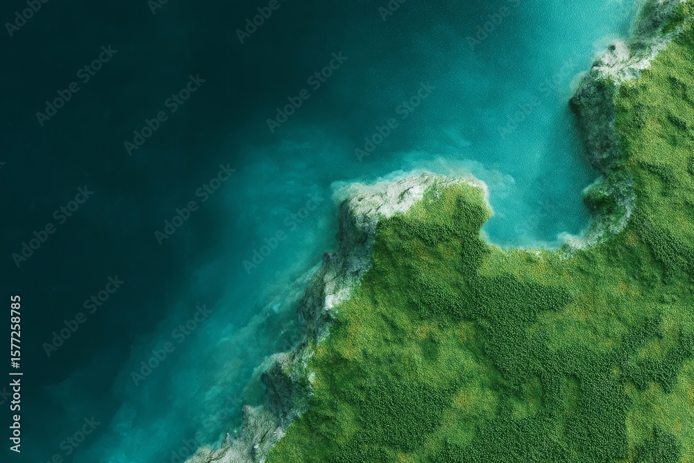 Obraz premium Thriving emerald coastline embraces azure waves, evoking Earth Day's whispers and the mystical spirit of World Oceans Day