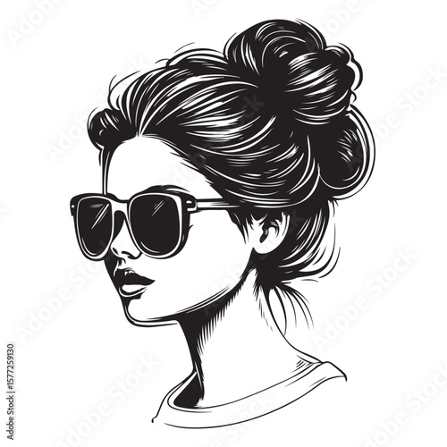 messy bun and sunglasses vector silhouette, Black and white silhouette of a messy bun hairstyle with sunglasses, Messy hair bun, vector woman silhouette. Beautiful girl drawing illustration