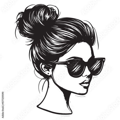 messy bun and sunglasses vector silhouette, Black and white silhouette of a messy bun hairstyle with sunglasses, Messy hair bun, vector woman silhouette. Beautiful girl drawing illustration