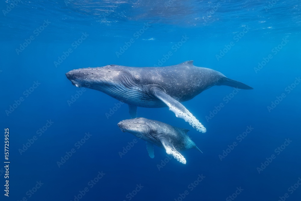 Obraz premium Blue ocean embraces gentle giants gliding silently, echoing whispers of World Oceans Day and Japanese Bon Festival tranquility