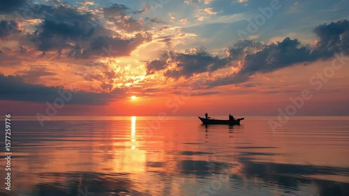 Tranquil Sunset Over Calm Waters with Silhouette of Boat in Serene Seascape