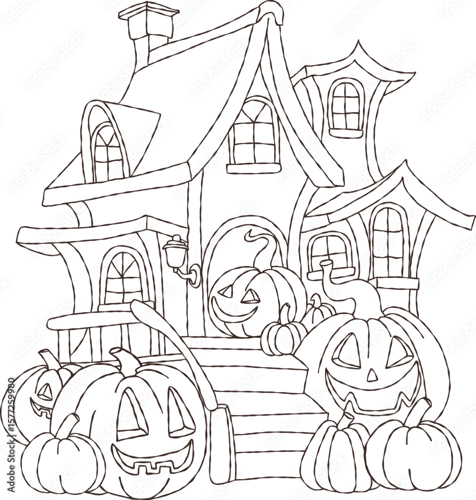 Naklejka premium Halloween spooky House with pumpkins Hand Drawn