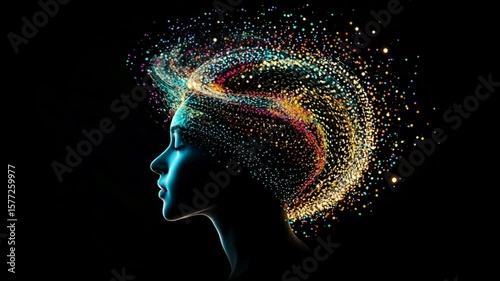 Woman's silhouette with flowing particles representing mind, thought, and creativity