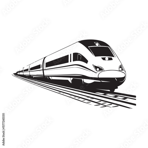 Modern high speed train Vector silhouette, Train silhouette on white background, High-speed train speeding on tracks., High-speed train in motion