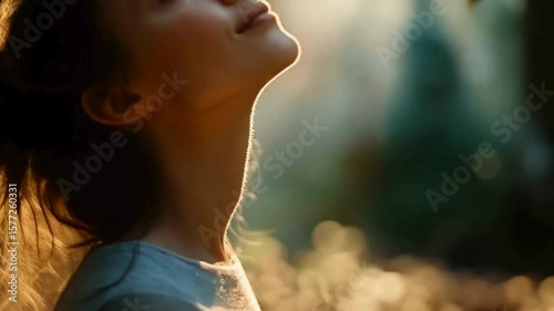 Woman Enjoying Nature and Fresh Air, Peaceful Woman Breathing in Forest, Calm Woman in Beautiful Outdoors
