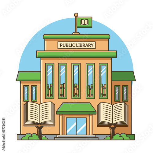 Cartoon illustration of a public library building with open books and flag.