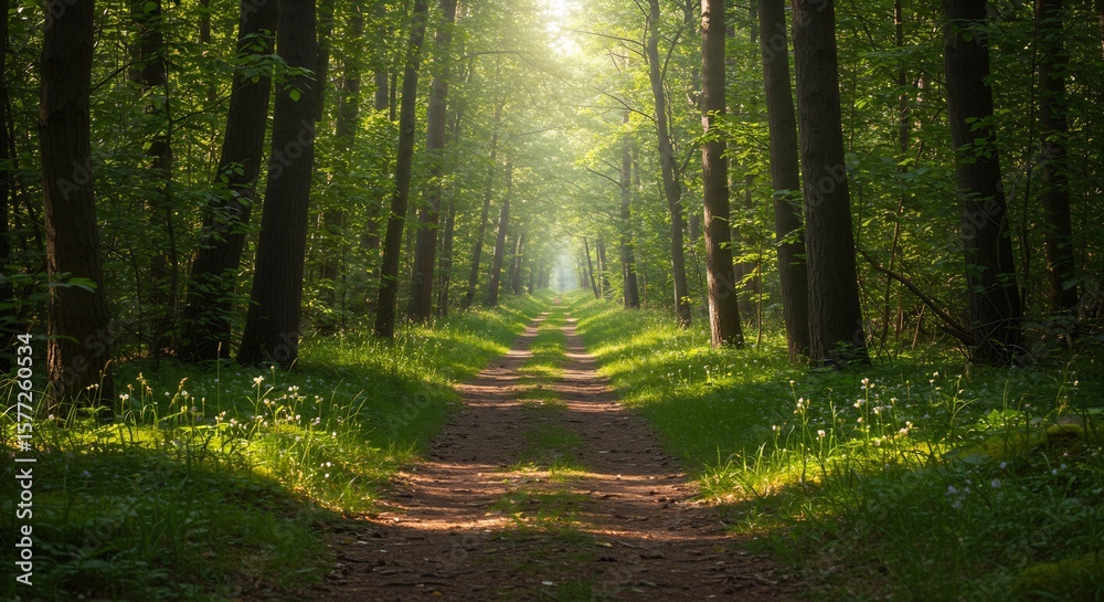 Obraz premium Sunlit Path Through Lush Green Forest with Tall Trees and Wildflowers