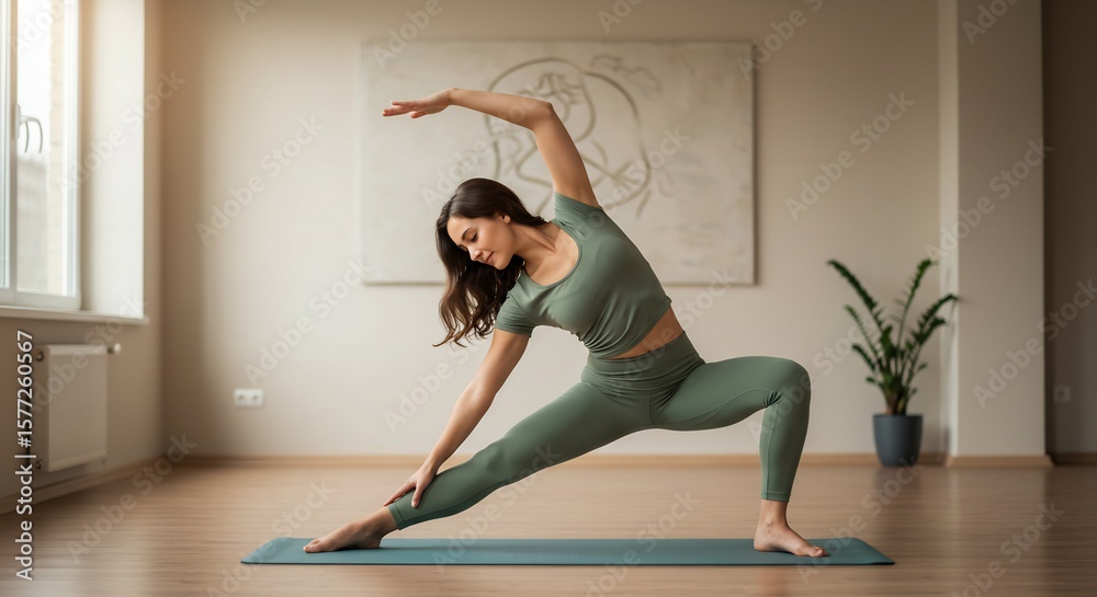 Obraz premium Young Woman Practicing Yoga in a Bright and Airy Studio, Performing a Side Stretch Pose
