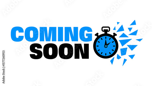 Coming soon text with a blue clock and geometric shapes on white background on transparent background , no background