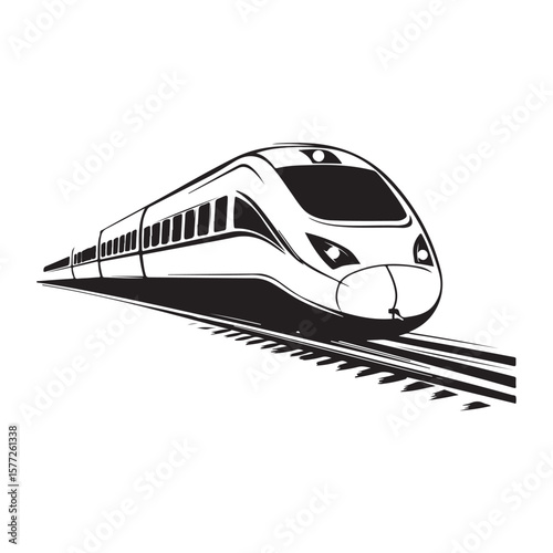 Modern high speed train Vector silhouette, Train silhouette on white background, High-speed train speeding on tracks., High-speed train in motion
