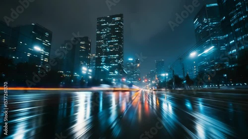 Vibrant Urban Night Scene Capturing Reflections and Light Trails in a Modern Cityscape