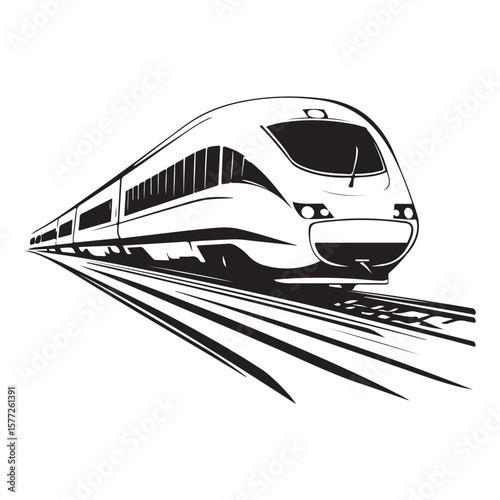 Modern high speed train Vector silhouette, Train silhouette on white background, High-speed train speeding on tracks., High-speed train in motion