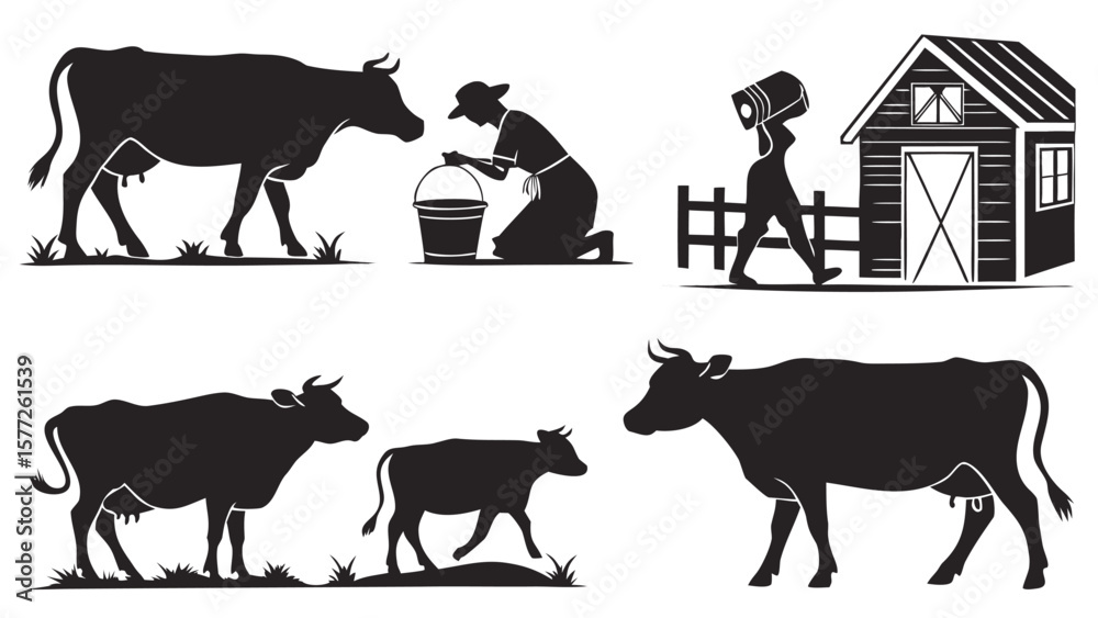 Fototapeta premium Farm life silhouettes depicting cow milking a person carrying milk pail and a barn and cows grazing in a field