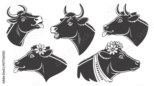 Collection of five stylized black and white cow heads with various expressions and floral adornments on a white background