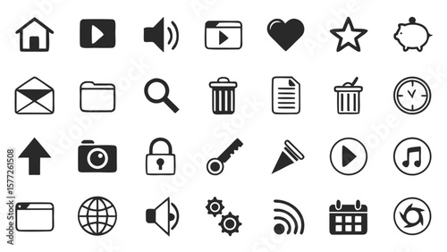 Collection of simple black and white vector icons representing common digital and everyday functions and objects