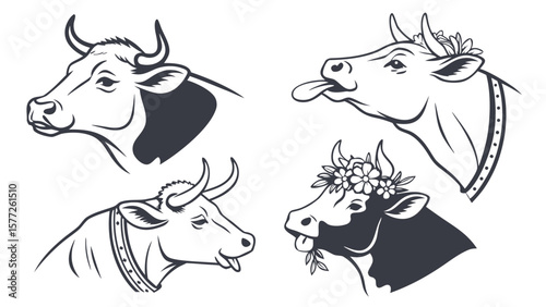 Collection of four stylized cow heads in black and white line art with various expressions and floral adornments