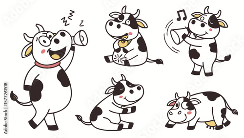Collection of cute cartoon holstein cows in various poses and activities expressing different emotions and actions
