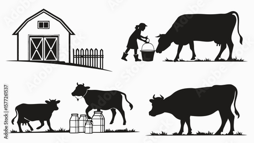 Farm life silhouette depicting a barn a farmer milking a cow cows with milk bottles and a cow grazing