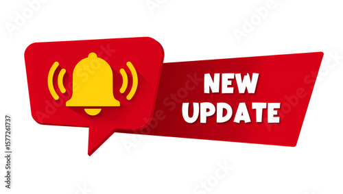 New update notification with a bell icon on a red speech bubble tag on transparent background , no background