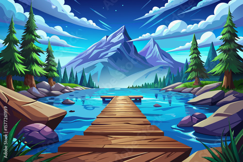 wooden floor in spring park with green trees, lake, and blue sky. Natural forest landscape reflection, peaceful outdoor scene, nature background