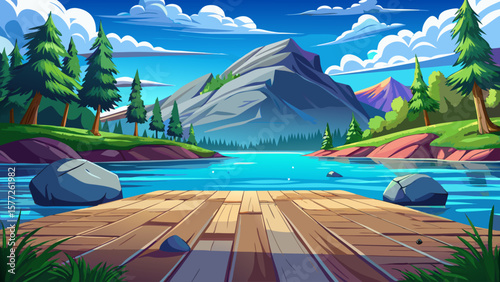 wooden floor in spring park with green trees, lake, and blue sky. Natural forest landscape reflection, peaceful outdoor scene, nature background