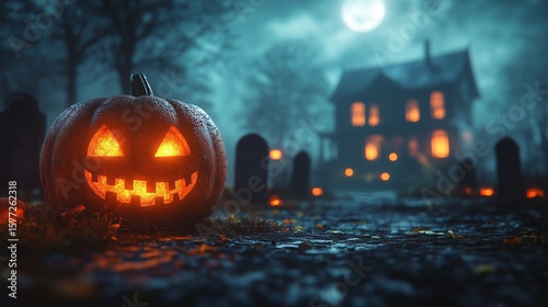 Halloween background with pumpkins, candles and haunted house. Halloween night wallpaper design for poster, card or banner/Dark fantasy style.