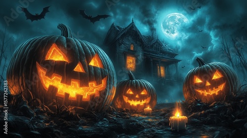 Halloween background with pumpkins, candles and haunted house. Halloween night wallpaper design for poster, card or banner/Dark fantasy style.