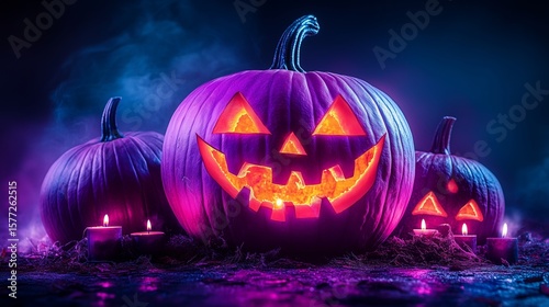 Halloween background with pumpkins, candles and haunted house. Halloween night wallpaper design for poster, card or banne